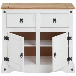 IDIMEX Buffet CAMPO Commode Bahut Vaisselier En Pin Massif Blanc Et Brun Avec 2 Tiroirs 2 Portes Meuble De Rangement Style Mexicain En Bois - Blanc/Brun -Buffet et enfilade Soldes 15467270 4