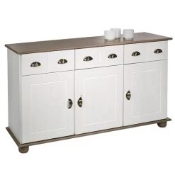 IDIMEX Buffet COLMAR Commode Bahut Vaisselier Meuble Bas Rangement Avec 3 Tiroirs Et 3 Portes, En Pin Massif Lasuré Blanc Et Taupe - Blanc/taupe