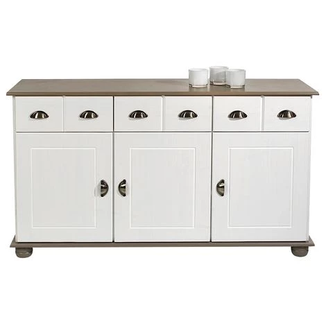 IDIMEX Buffet COLMAR Commode Bahut Vaisselier Meuble Bas Rangement Avec 3 Tiroirs Et 3 Portes, En Pin Massif Lasuré Blanc Et Taupe - Blanc/taupe 2 IDIMEX Buffet COLMAR Commode Bahut Vaisselier Meuble Bas Rangement Avec 3 Tiroirs Et 3 Portes, En Pin Massif Lasuré Blanc Et Taupe - Blanc/taupe – Image 2