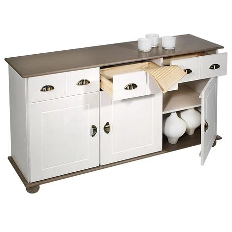 IDIMEX Buffet COLMAR Commode Bahut Vaisselier Meuble Bas Rangement Avec 3 Tiroirs Et 3 Portes, En Pin Massif Lasuré Blanc Et Taupe - Blanc/taupe 4 IDIMEX Buffet COLMAR Commode Bahut Vaisselier Meuble Bas Rangement Avec 3 Tiroirs Et 3 Portes, En Pin Massif Lasuré Blanc Et Taupe - Blanc/taupe – Image 4