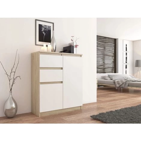 HUCOCO LISBON - Commode Contemporaine Chambre/salon/bureau - 98x80x40cm - Rangement 2 Tiroirs + 2 Portes - Buffet Style Moderne - Beige 2 HUCOCO LISBON - Commode Contemporaine Chambre/salon/bureau - 98x80x40cm - Rangement 2 Tiroirs + 2 Portes - Buffet Style Moderne - Beige – Image 2