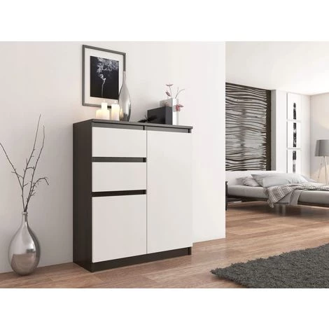 HUCOCO LISBON - Commode Contemporaine Chambre/salon/bureau - 98x80x40cm - Rangement 2 Tiroirs + 2 Portes - Buffet Style Moderne - Marron 2 HUCOCO LISBON - Commode Contemporaine Chambre/salon/bureau - 98x80x40cm - Rangement 2 Tiroirs + 2 Portes - Buffet Style Moderne - Marron – Image 2