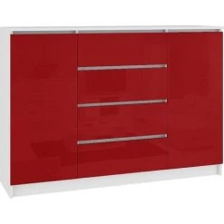 HUCOCO OSCAR - Buffet Contemporaine Salon/séjour/salle à Manger 138x99x40 Cm - 4 Tiroirs Larges + 2 Portes - Commode Moderne - Rouge