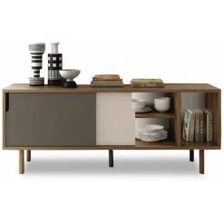 INSIDE75 DANN Buffet Design Noyer Avec Portes Grise Et Blanche Piétement Noyer - Natural