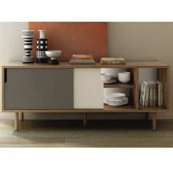 INSIDE75 DANN Buffet Design Noyer Avec Portes Grise Et Blanche Piétement Noyer - Natural -Buffet et enfilade Soldes 17394461 3