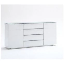 INSIDE75 Buffet CAMBRIDGE 2 Portes 4 Tiroirs Laqué Blanc Brillant Plateau En Verre Blanc - Blanc