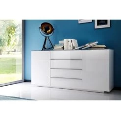 INSIDE75 Buffet CAMBRIDGE 2 Portes 4 Tiroirs Laqué Blanc Brillant Plateau En Verre Blanc - Blanc -Buffet et enfilade Soldes 17440935 3