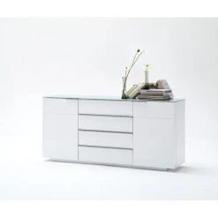 INSIDE75 Buffet CAMBRIDGE 2 Portes 4 Tiroirs Laqué Blanc Brillant Plateau En Verre Blanc - Blanc -Buffet et enfilade Soldes 17440935 4