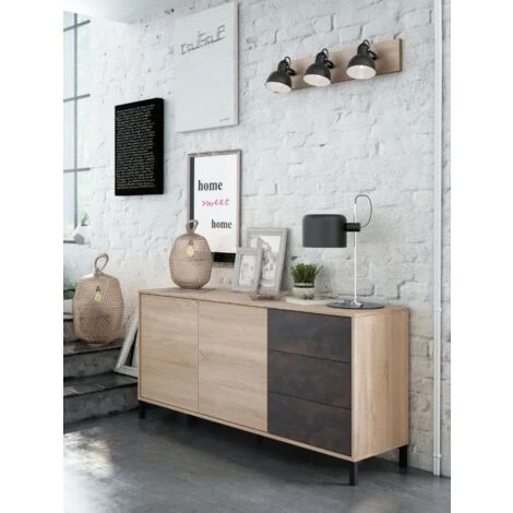 CAESAROO Buffet Salon 154 Cm Oxide Et Chêne Canadien Avec 2 Portes Et 3 Tiroirs | Oxyde Et Roble Canadian 1 CAESAROO Buffet Salon 154 Cm Oxide Et Chêne Canadien Avec 2 Portes Et 3 Tiroirs | Oxyde Et Roble Canadian