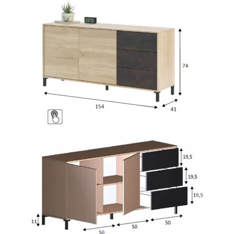 CAESAROO Buffet Salon 154 Cm Oxide Et Chêne Canadien Avec 2 Portes Et 3 Tiroirs | Oxyde Et Roble Canadian 3 CAESAROO Buffet Salon 154 Cm Oxide Et Chêne Canadien Avec 2 Portes Et 3 Tiroirs | Oxyde Et Roble Canadian – Image 3