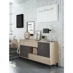 CAESAROO Buffet De Salon 151 Cm Roble Canadien Et Oxyde Avec 2 Portes Et 2 Tiroirs | Oxyde Et Roble Canadian