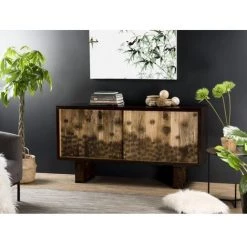 MACABANE IRENE - Buffet Bois Manguier Naturel 160x45cm 2 Portes Coulissantes 1 étagère Motifs Noirs Java - Naturel
