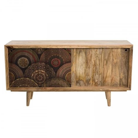 MACABANE IRENE - Buffet Bois Manguier 160x45cm 2 Portes Coulissantes 1 étagère Motifs Colorés Agra - Naturel 2 MACABANE IRENE - Buffet Bois Manguier 160x45cm 2 Portes Coulissantes 1 étagère Motifs Colorés Agra - Naturel â Image 2