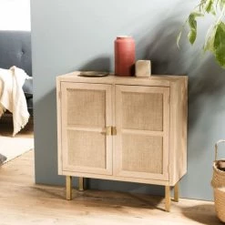 MACABANE ADELE - Buffet 2 Portes Toile De Jute Pieds Métal Doré - Beige