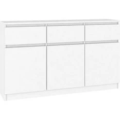 HUCOCO GRACE - Buffet Enfilade Moderne Salon/séjour 3 Tiroirs + 3 Portes - 138x99x40 Cm - Commode Contemporaine - Meuble De Rangement - Blanc