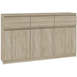 HUCOCO GRACE - Buffet Enfilade Moderne Salon/séjour 3 Tiroirs + 3 Portes - 138x99x40cm - Commode Contemporaine - Meuble De Rangement - Beige