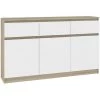 HUCOCO GRACE - Buffet Enfilade Moderne Salon Séjour 3 Tiroirs 3 Portes - 138x99x40cm - Commode Contemporaine - Meuble De Rangement - Beige