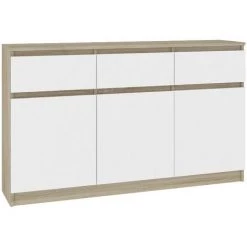 HUCOCO GRACE - Buffet Enfilade Moderne Salon Séjour 3 Tiroirs 3 Portes - 138x99x40cm - Commode Contemporaine - Meuble De Rangement - Beige
