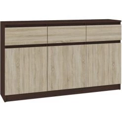 HUCOCO GRACE - Buffet Enfilade Moderne Salon Séjour 3 Tiroirs/ 3 Portes - 138x99x40 Cm - Commode Contemporaine - Meuble De Rangement - Marron