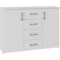 HUCOCO ELTON - Commode Buffet Moderne Salon Séjour Chambre - 110x80x35 Cm 4 Tiroirs + 2 Portes - Meuble De Rangement Enfilade - Blanc
