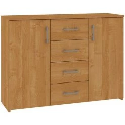 HUCOCO ELTON - Commode Buffet Style Moderne Salon Séjour Chambre - 110x80x35 Cm 4 Tiroirs 2 Portes - Meuble De Rangement Enfilade - Marron