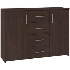 HUCOCO ELTON - Commode Buffet Moderne Salon Séjour Chambre - 110x80x35cm 4 Tiroirs 2 Portes - Meuble De Rangement Enfilade - Marron