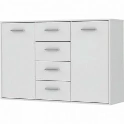 AUTRES PILVI Buffet Bas 2 Portes 4 Tiroirs - Blanc Mat - L 122,6 X P 34,2 H 88,1 Cm