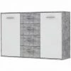 AUTRES PILVI Buffet Bas 2 Portes 4 Tiroirs - Blanc Et Béton Gris Clair - L 122,6 X P 34,2 H 88,1 Cm