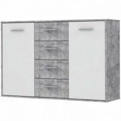 AUTRES PILVI Buffet Bas 2 Portes 4 Tiroirs - Blanc Et Béton Gris Clair - L 122,6 X P 34,2 H 88,1 Cm