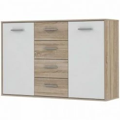 AUTRES PILVI Buffet Bas 2 Portes 4 Tiroirs - Blanc Et Chene Sonoma - L 122,6 X P 34,2 H 88,1 Cm