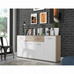 AUTRES PILVI Buffet Bas 4 Portes 4 Tiroirs - Blanc Et Chene Sonoma - L 162,3 X P 34,2 X H 88,1 Cm