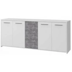 AUTRES Buffet Bas 4 Portes 3 Tiroirs - Blanc Et Décor Gris Béton - L 179 X P 42 X H 74,5 Cm