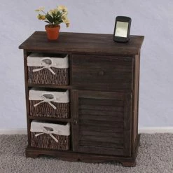 HHG Commode / Table D'appoint / Armoire, 3 Paniers, 1 Tiroir, 60x30x63cm, Shabby, Vintage, Marron -Buffet et enfilade Soldes 18960472 2