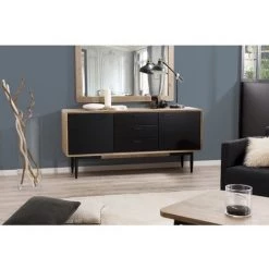 MACABANE AGATHE - Buffet 3 Tiroirs 2 Portes Bois Chêne Et Métal Noir - Chêne Clair Cérusé Et Noir