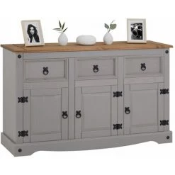 IDIMEX Buffet RAMON Commode Bahut Vaisselier En Pin Massif Gris Et Brun Avec 3 Tiroirs 3 Portes, Meuble De Rangement Style Mexicain En Bois - Gris/Naturel