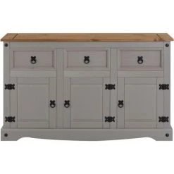IDIMEX Buffet RAMON Commode Bahut Vaisselier En Pin Massif Gris Et Brun Avec 3 Tiroirs 3 Portes, Meuble De Rangement Style Mexicain En Bois - Gris/Naturel -Buffet et enfilade Soldes 19200212 3