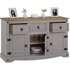 IDIMEX Buffet RAMON Commode Bahut Vaisselier En Pin Massif Gris Et Brun Avec 3 Tiroirs 3 Portes, Meuble De Rangement Style Mexicain En Bois - Gris/Naturel -Buffet et enfilade Soldes 19200212 4