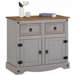 IDIMEX Buffet RAMON Commode Bahut Vaisselier En Pin Massif Gris Et Brun Avec 2 Tiroirs 2 Portes, Meuble De Rangement Style Mexicain En Bois - Gris/Naturel