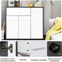 COSTWAY Buffet De Cuisine, Commode Meuble De Rangement Avec 1 Tiroir Et 3 Portes, Meuble De Salle à Manger, Dedans Avec Etagère De Hauteur Réglable, 88x30x70 CM,Blanc Et Gris -Buffet et enfilade Soldes 19457301 4