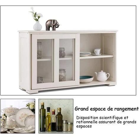 COSTWAY Buffet De Cuisine, Meuble Rangement Avec 2 Etagères, Porte Coulissante, Design Simple Et Contemporain, Idéal Pour Cuisine Chambre Salon, Blanc Antique 4 COSTWAY Buffet De Cuisine, Meuble Rangement Avec 2 Etagères, Porte Coulissante, Design Simple Et Contemporain, Idéal Pour Cuisine Chambre Salon, Blanc Antique – Image 4