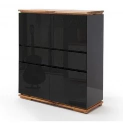 INSIDE75 Buffet Haut CHARLY 4 Portes 2 Tiroirs Laqué Noir Brillant Socle Et Plateau Chêne Noueux Huilé - Noir