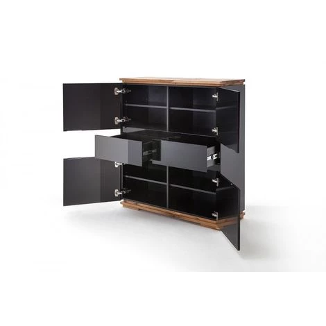 INSIDE75 Buffet Haut CHARLY 4 Portes 2 Tiroirs Laqué Noir Brillant Socle Et Plateau Chêne Noueux Huilé - Noir 3 INSIDE75 Buffet Haut CHARLY 4 Portes 2 Tiroirs Laqué Noir Brillant Socle Et Plateau Chêne Noueux Huilé - Noir – Image 3