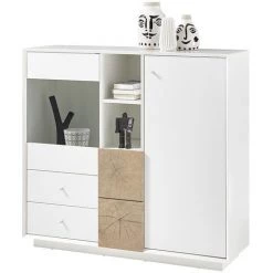 INSIDE75 Buffet Haut MARKUS Laqué Blanc Mat Et Décor Chêne 3 Portes 2 Tiroirs 2 Niches - Blanc -Buffet et enfilade Soldes 19920469 4