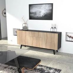 LE QUAI DES AFFAIRES Bahut HOME 3 Portes 1 Tiroir / Noir Et Chêne Blanchi/ 180x42x80 Cm