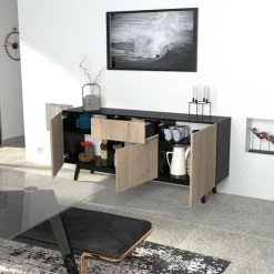 LE QUAI DES AFFAIRES Bahut HOME 3 Portes 1 Tiroir / Noir Et Chêne Blanchi/ 180x42x80 Cm -Buffet et enfilade Soldes 21447605 3