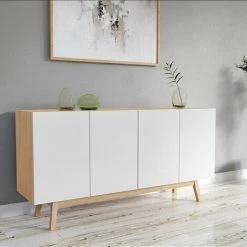 LE QUAI DES AFFAIRES Bahut HOME 4 Portes 2 Tiroirs / Blanc Et Chêne Blanchi/ L