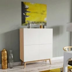 LE QUAI DES AFFAIRES Meuble De Rangement HOME 4 Portes / Blanc Et Chêne Blanchi/ 100x42x120