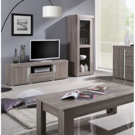 PRICE FACTORY Meuble Tv Design AVIGNON Couleur Chêne Et Blanc. Idéal Pour Meubler Votre Salon. Deux Portes, Une Niche Et Un Tiroir. - Marron 2 PRICE FACTORY Meuble Tv Design AVIGNON Couleur Chêne Et Blanc. Idéal Pour Meubler Votre Salon. Deux Portes, Une Niche Et Un Tiroir. - Marron – Image 2