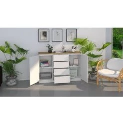 HUCOCO KARA - Buffet Commode Salon/séjour/chambre 120x98x40 Cm - Plateau épais 22mm - 4 Tiroirs 2 Portes - Meuble De Rangement - Blanc -Buffet et enfilade Soldes 23483919 4