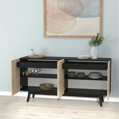 LE QUAI DES AFFAIRES Bahut HOME 4 Portes 2 Tiroirs / Noir Et Chêne Blanchi/ 160x42x80 Cm 3 LE QUAI DES AFFAIRES Bahut HOME 4 Portes 2 Tiroirs / Noir Et Chêne Blanchi/ 160x42x80 Cm – Image 3